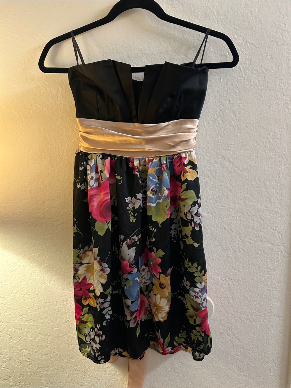 Mystic Black Floral Strapless Dress with Champagne Waistband